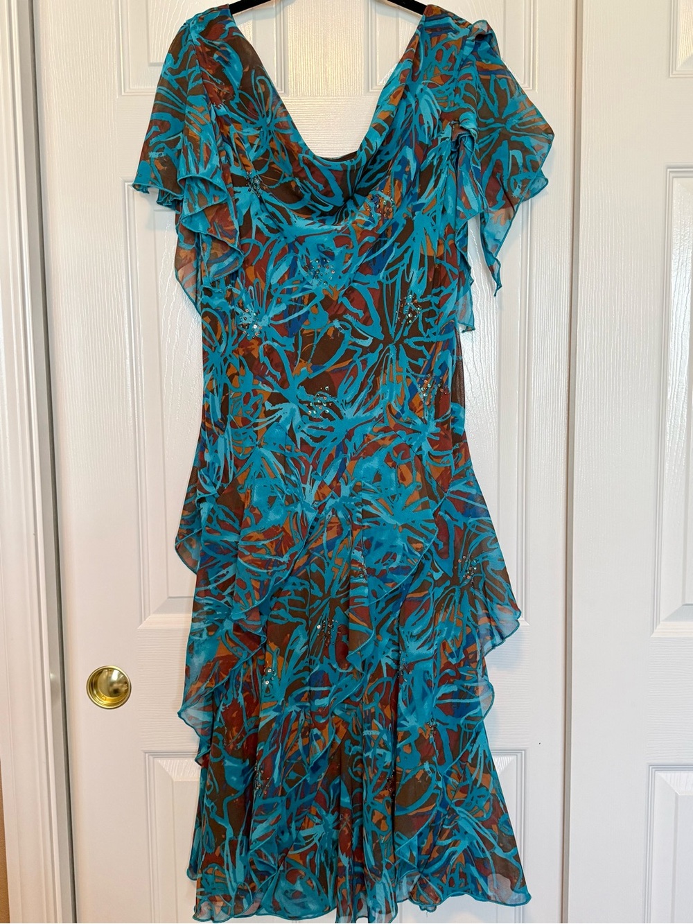 Signature by Robbie Bee Teal and Brown Asymmetrical Ruffle Dress